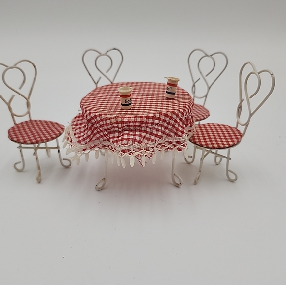 Red Checkered tablecloth white metal Miniature Table Set - Picture 1 of 9